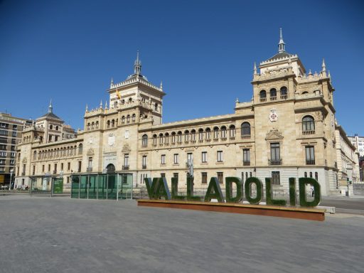 Valladolid Historic building of the Valladolid city hall with a large "Valladolid" sign in front.