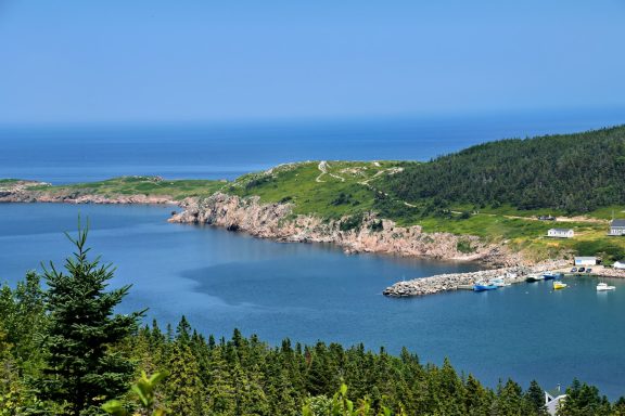 Scenic coastal view with cliffs, greenery, and a blue ocean under a clear sky.