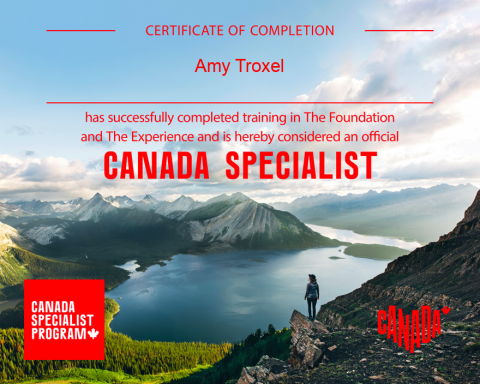 Certificate of completion for Amy Troxel, designating her as a Canada Specialist.