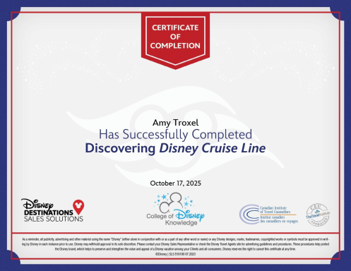 Certificate of completion for Amy Troxel for the Disney Cruise Line course, dated October 7, 2023.