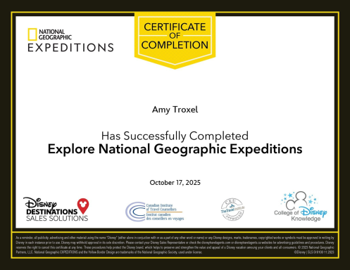 Certificate of completion for Explore National Geographic Expeditions, dated October 11, 2023.