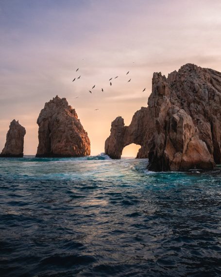 Cabo San Lucas Rocky coastline with an arch and birds flying over the ocean at sunset.