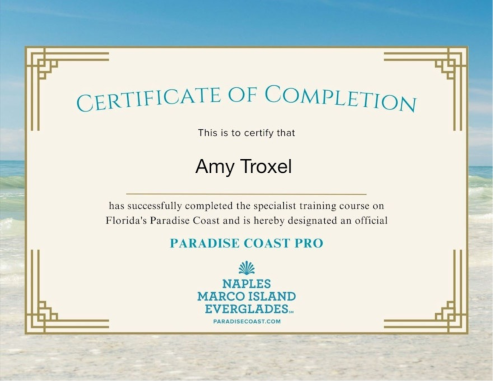 Certificate of completion for Amy Troxel, issued by Paradise Coast Pro.