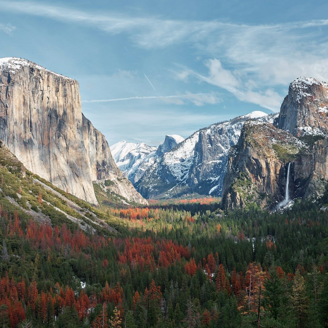 Mountain landscape with autumn trees in a valley and snow-capped peaks in the distance.