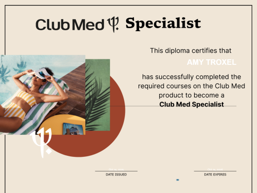 Diploma confirming completion of Club Med Specialist courses.