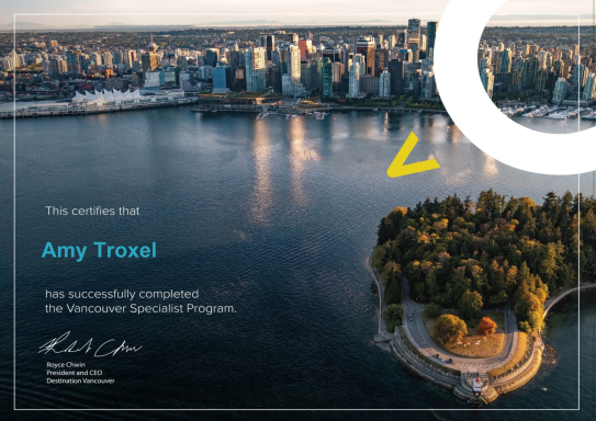 Certificate of completion for Amy Troxel, Vancouver Executive Program, with city view.