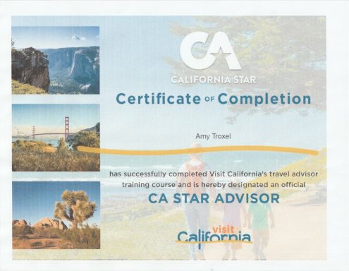 Certificate of completion for a California tourism training course.