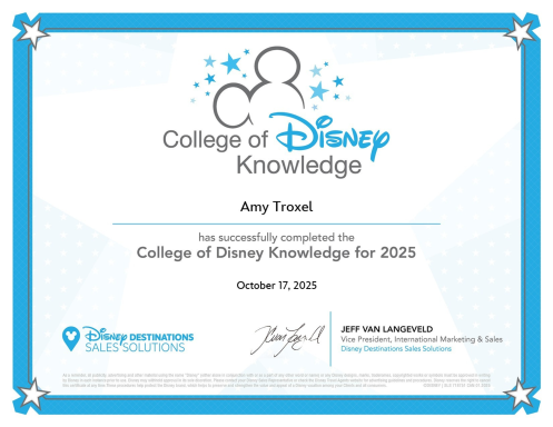 Certificate from the College of Disney Knowledge awarded to Amy Troxel for completion in 2023.