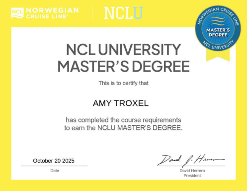 Certificate confirming Amy Troxel has earned a master's degree from NCL University.