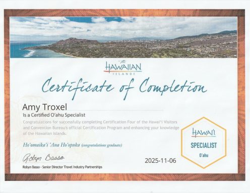 Certificate of Completion for Amy Troxel as a Certified Travel Specialist in Hawaii, dated 2023-11-06.