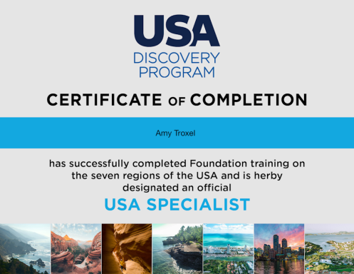 Certificate of completion for USA Discovery Program, designating a USA Specialist.