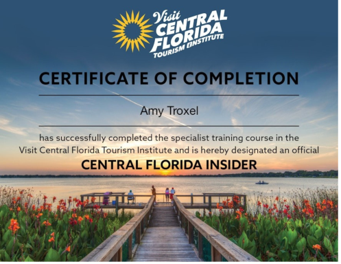 Certificate of completion for the Central Florida Tourist Institute, awarded to Amy Troxel.