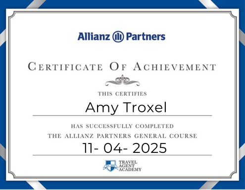 Certificate of achievement awarded to Amy Troxel for completing the Allianz Partners course.