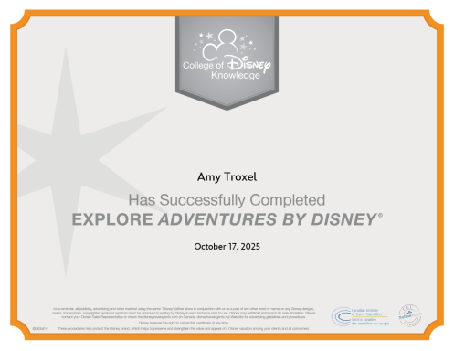 Certificate of completion for "Explore Adventures by Disney," dated October 17, 2023.