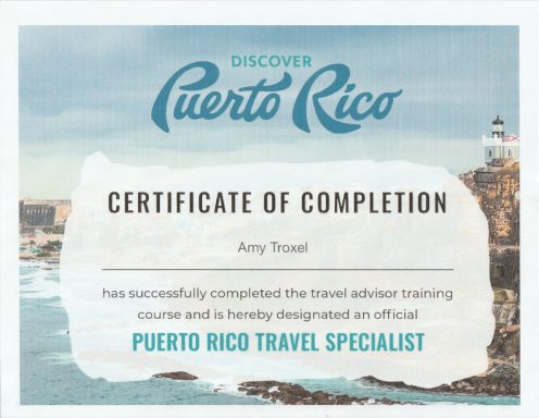 Certificate of completion for travel advisor training in Puerto Rico, issued to Amy Troxel.